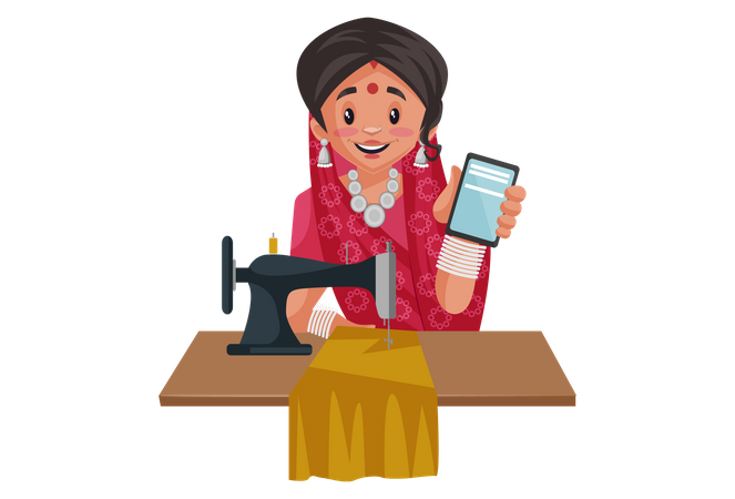 Indische Rajasthani-Frau hält Handy und arbeitet an Nähmaschine  Illustration