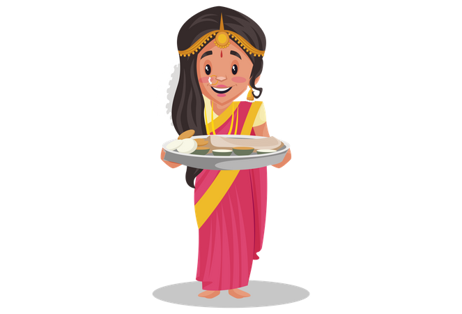 Indische Tamilin hält Speiseteller in der Hand  Illustration