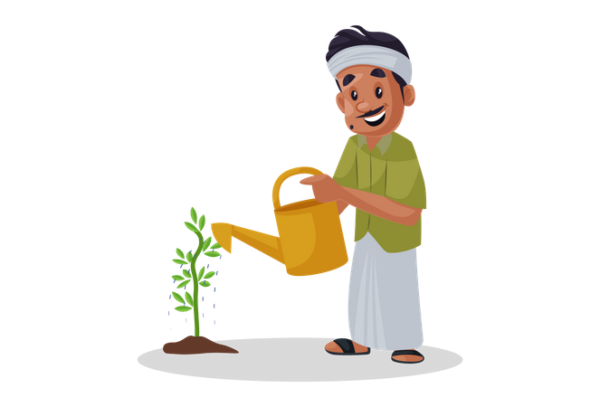 Indischer Gärtner gießt Wasser zum Pflanzen  Illustration