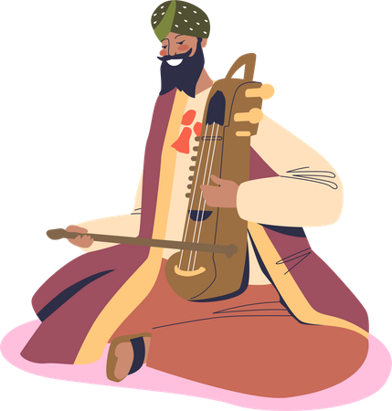 Indischer Hochzeitsmusiker in Nationalkleidung spielt auf Sarangi  Illustration