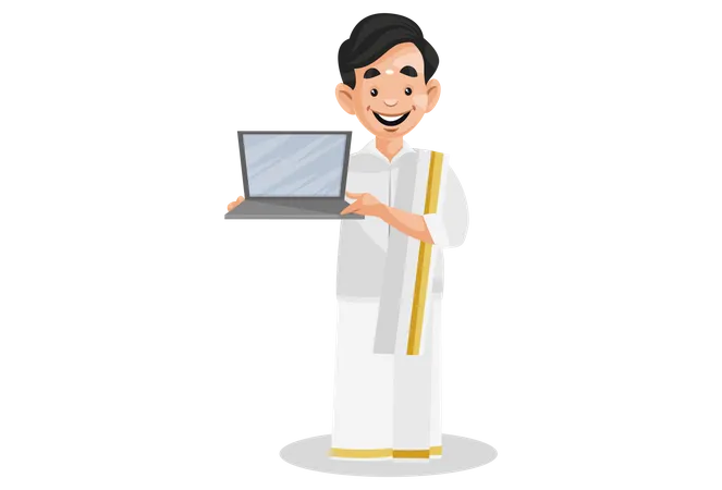 Indischer Malayali-Mann hält Laptop in der Hand  Illustration