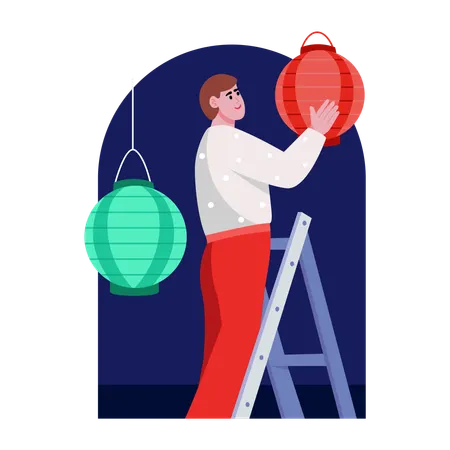 Indischer Mann macht Diwali-Dekoration  Illustration