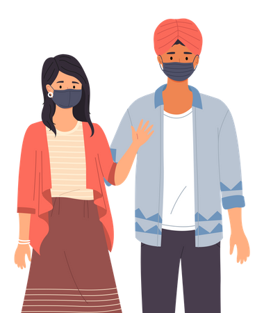 Indischer Mann und Mädchen tragen medizinische Masken  Illustration