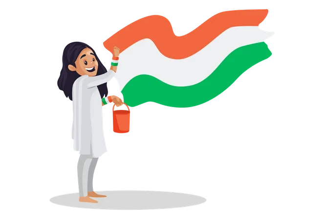 Indisches Mädchen hält einen Farbeimer und malt die indische Flagge an eine Wand  Illustration