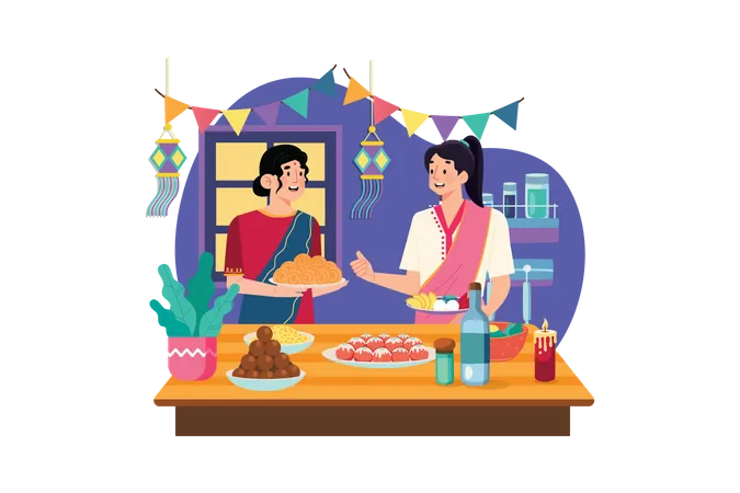 Indisches Paar genießt Diwali-Süßigkeiten  Illustration