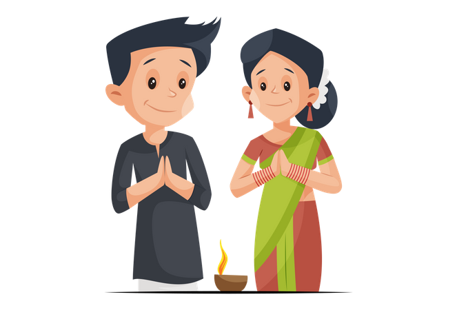 Indisches Paar mit Namaste-Pose mit Diya beim Diwali-Fest  Illustration