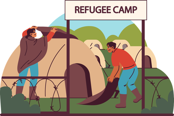 Individuals in refugee camp seek shelter and safety  Illustration