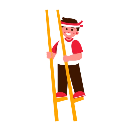 Illustration Of A Child Balancing On Stilts Wearing A Headband And Smiling The Style Is Playful And Colorful Predominantly Red And Yellow Indonesia Independence Day Illustration