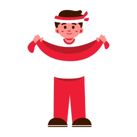 Illustration Of A Boy Holding A Red And White Indonesia Flag He Is Wearing A Matching Outfit And Headband Illustration