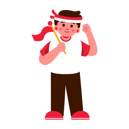 Illustration Of A Boy Holding A Indonesia Flag Wearing A Headband And Casual Clothing He Looks Cheerful And Triumphant Illustration