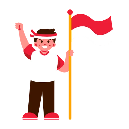 Cartoon Style Image Of A Happy Child Holding A Red And White Indonesia Flag And Raising A Fist The Colors Are Bright And Cheerful Illustration