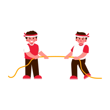 Two Kids In Red And White Outfits Playfully Engage In A Tug Of War Game Indonesia Independence Day Illustration
