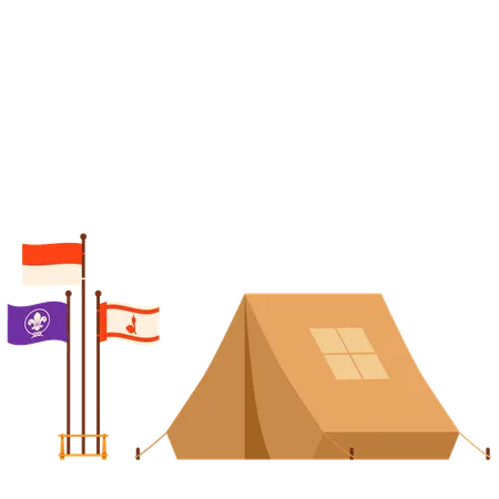 Camp Tent And Three Flags Of Indonesia Republic International Scouts And Indonesian Scouts Illustration