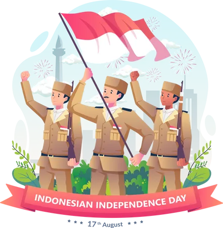 Indonesia soldiers with rifles and holding flag of Indonesia  Illustration