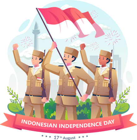 Indonesia soldiers with rifles and holding flag of Indonesia Illustration