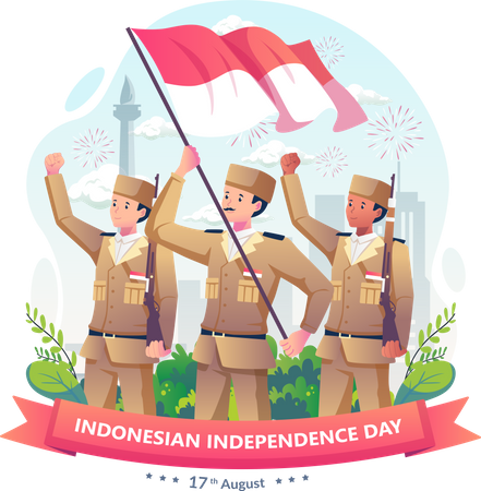 Indonesia soldiers with rifles and holding flag of Indonesia  Illustration