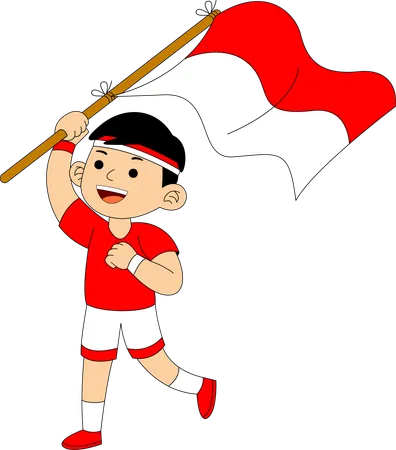 インドネシア国旗を持つインドネシアの少年  イラスト