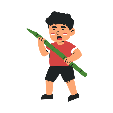 Indonesian Boy With Green Bamboo Stick  Illustration