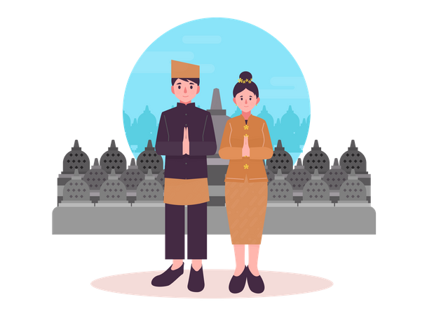 Indonesian couple in traditional clothes Illustration