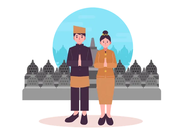 Indonesian couple in traditional clothes Illustration