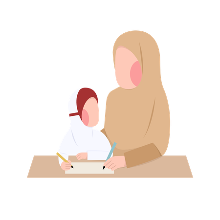 Indonesian Elementary muslim Teacher And Student  Illustration