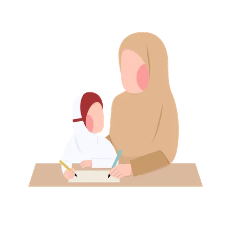 Indonesian Elementary muslim Teacher And Student  Illustration