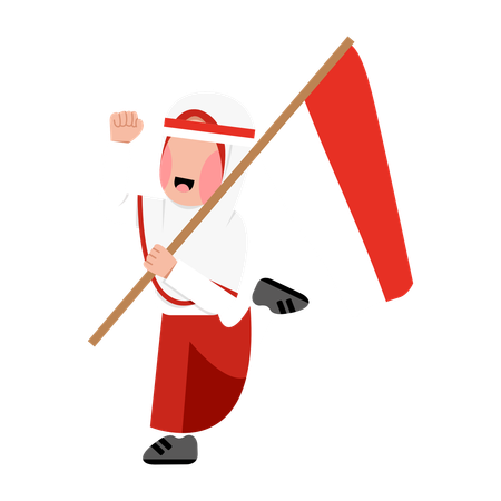 Indonesian Elementary Student Holding Flag  Illustration