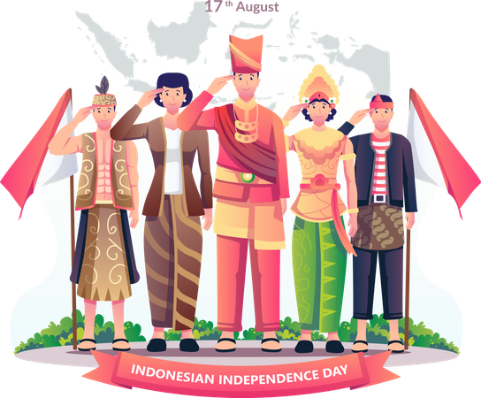Indonesian people celebrating Indonesia's independence day on August 17th Illustration