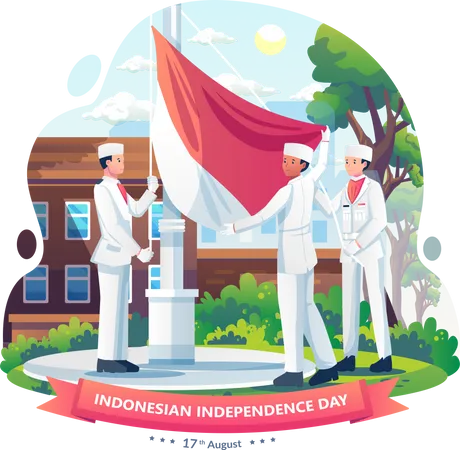 Indonesian people waving flags in the framework of Indonesian Independence Day ceremony  Illustration