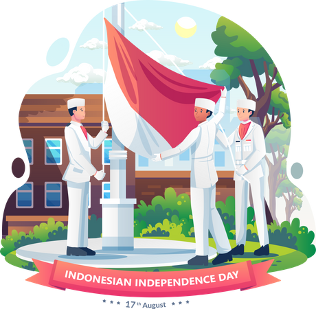 Indonesian people waving flags in the framework of Indonesian Independence Day ceremony  イラスト