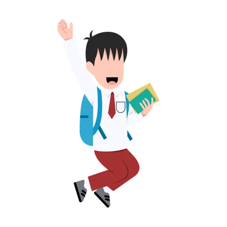 Indonesian student boy is happy going to school  Illustration
