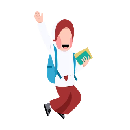 Indonesian student girl is happy going to school  Illustration