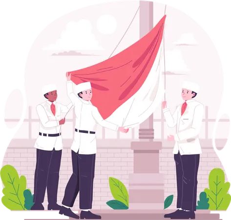 Indonesian young men are waving flags in the framework of the Independence Day ceremony on August 17th  Illustration