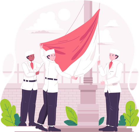 Indonesian young men are waving flags in the framework of the Independence Day ceremony on August 17th  Illustration