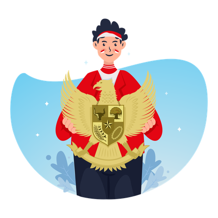 Indonesian youth character holding Garuda symbol  Illustration