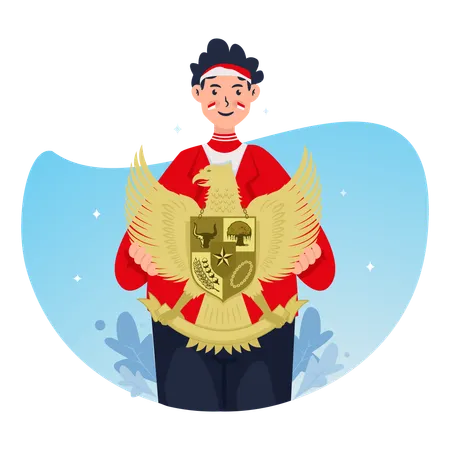 Indonesian youth character holding Garuda symbol  Illustration