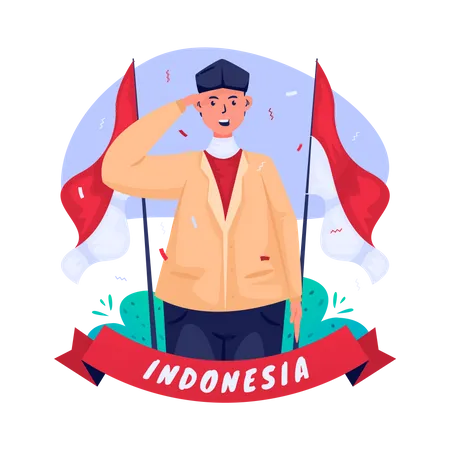 Illustration Of Indonesian Youth With Hand Gesture Saluting For Independence Day Illustration