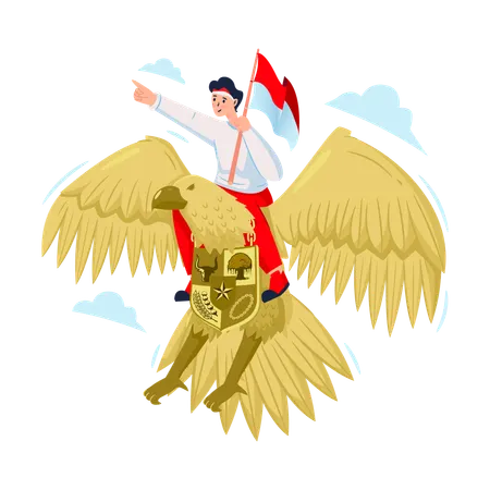 Indonesian youth riding garuda bird  Illustration