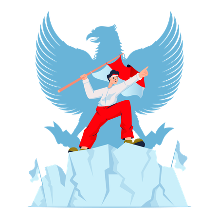 Indonesian youth waving red white flag  Illustration