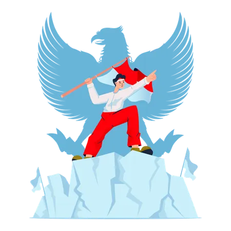 Indonesian youth waving red white flag  Illustration
