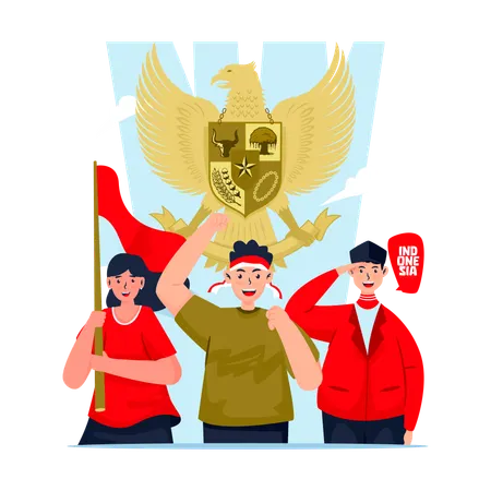 Indonesian youth with Garuda symbol celebrating Pancasila day  Illustration
