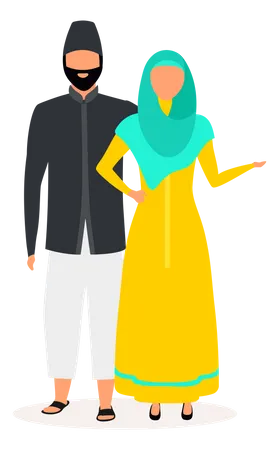 Indonesians Flat Vector Illustration Muslim Couple Woman In Hijab And Yellow Dress Asian Culture People Dressed In National Clothing Isolated Cartoon Character On White Background Illustration