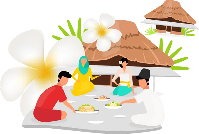 Indonesians Flat Vector Illustration Muslim Woman Friends Sit Nearby Picnic Near Hut Asian Culture People Dressed In National Clothing Isolated Cartoon Character On White Background 일러스트레이션