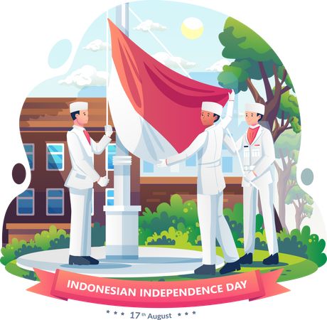 Indonesier schwenken im Rahmen der Zeremonie zum indonesischen Unabhängigkeitstag Flaggen  Illustration