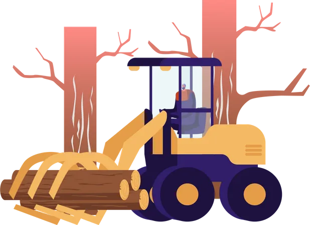 Cortar La Ocupacion De La Industria Maderera Lumberer Conduciendo Una Cosechadora De Troncos Trabajando En El Area Forestal Para Desramar Cortar Y Clasificar Pilas De Madera Arbol De Camion Lenador En El Bosque Ilustracion De Vector Plano De Dibujos Animados Ilustración