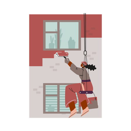 Industrial climber girl painting a high-rise building with a paint roller  Illustration