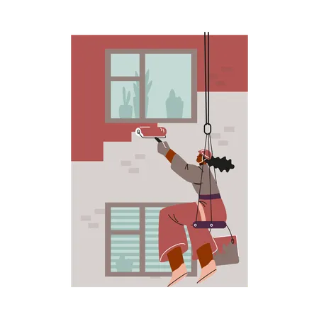 Industrial climber girl painting a high-rise building with a paint roller  Illustration