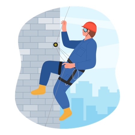 Industrial climber hanging high on facade  Illustration
