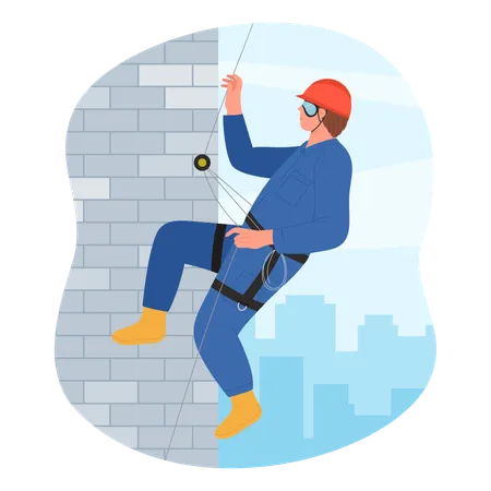 Industrial Climber Hanging High On Facade Of Building Vector Illustration Cartoon Isolated Work At Height Scene With Professional Rope Access Worker In Mountaineering Belt Climbing On Wall Of House Illustration