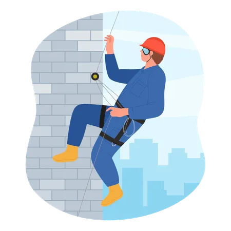 Industrial climber hanging high on facade  Illustration